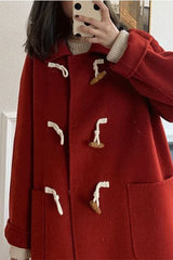 Petite Red Thickened Wool Horn Button Christmas Outerwear