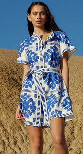 Printed Tie Waist Short Sleeve Mini Dress