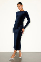 Verity Navy Velvet Backless Long Sleeve Midi Dress