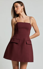 Katia Mini Dress Strappy Corset A Line Dress in Chocolate