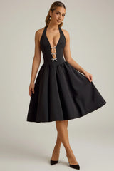 Halterneck Bow-Detail Midi Dress in Black