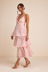 Daleyza Light Pink Floral Organza Tiered Midi Dress
