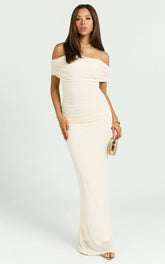 Ruched Off Shoulder Mesh Dress in Off White