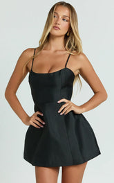 Scoop Neck Panel Bodice Dress in Black
