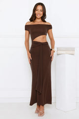 Old Love Letter Off Shoulder Maxi Dress Brown