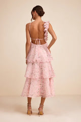 Daleyza Light Pink Floral Organza Tiered Midi Dress