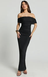 Ruched Off Shoulder Mesh Dress in Black