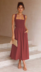 Casual Red Cotton A-Line Midi Dress