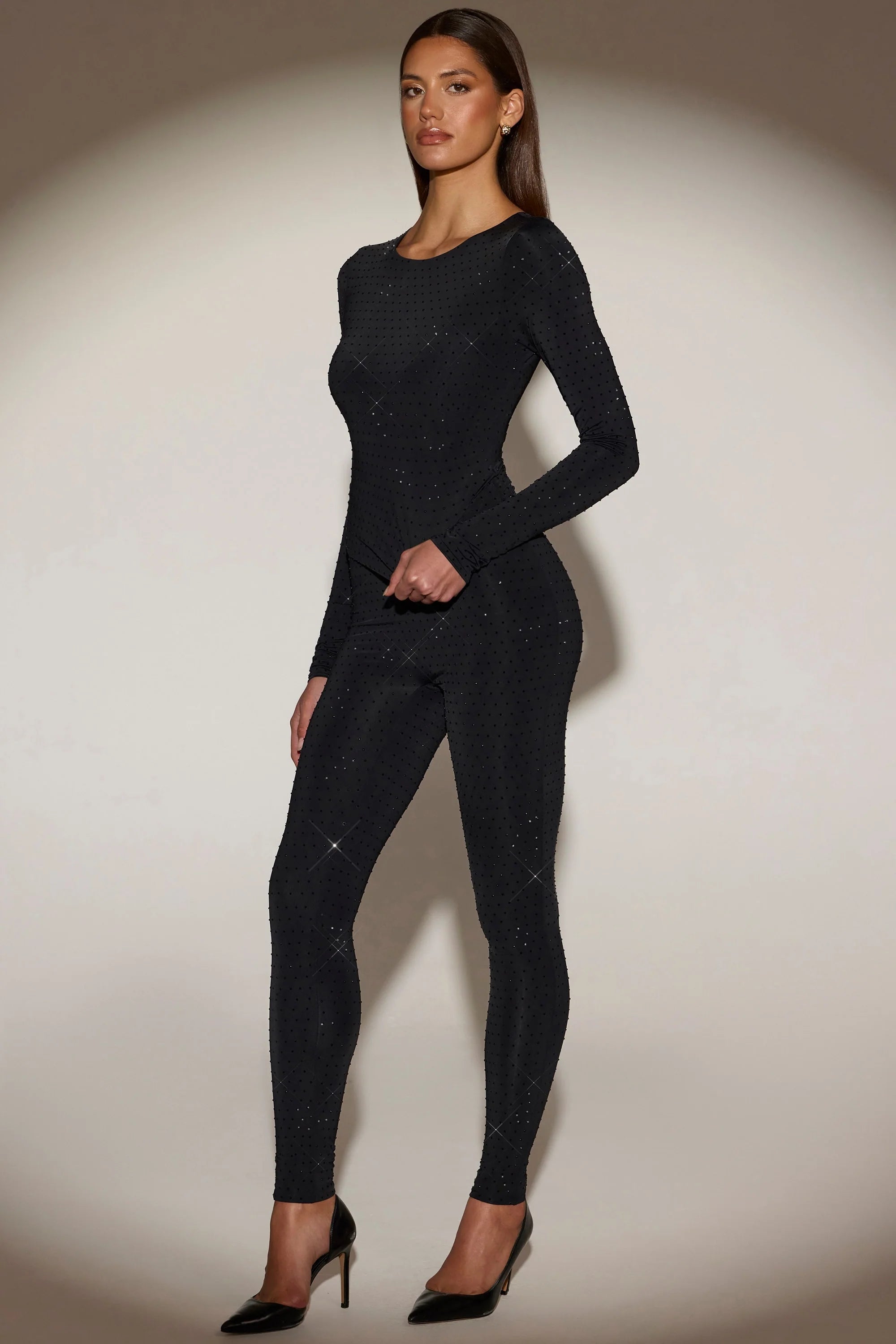 Embellished High-Waisted Leggings in Black