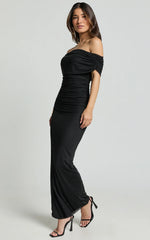 Ruched Off Shoulder Mesh Dress in Black