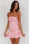 Annabella Strapless Tied Back Frill Hem Mini Dress Baby Pink