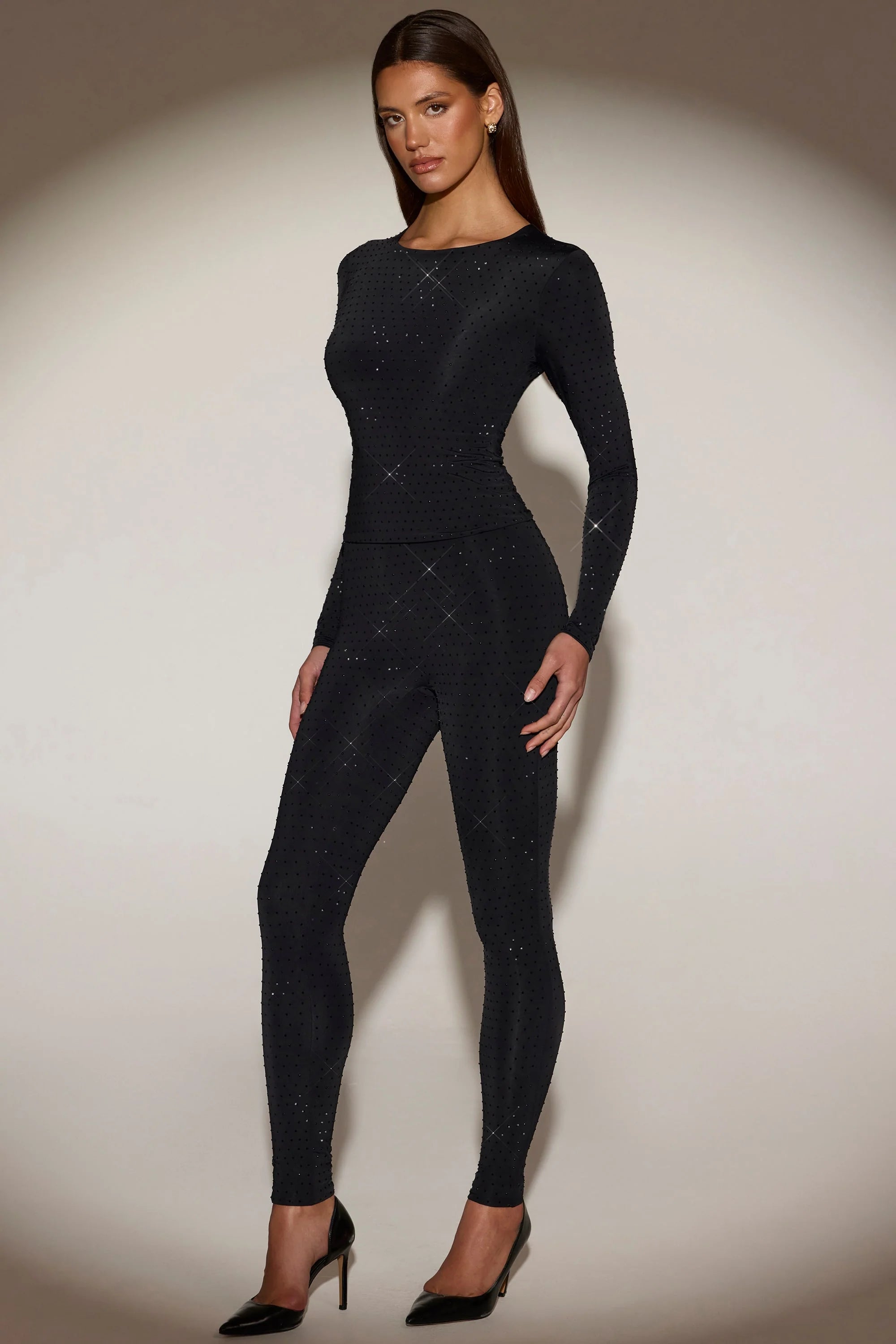 Embellished Long-Sleeve Top in Black