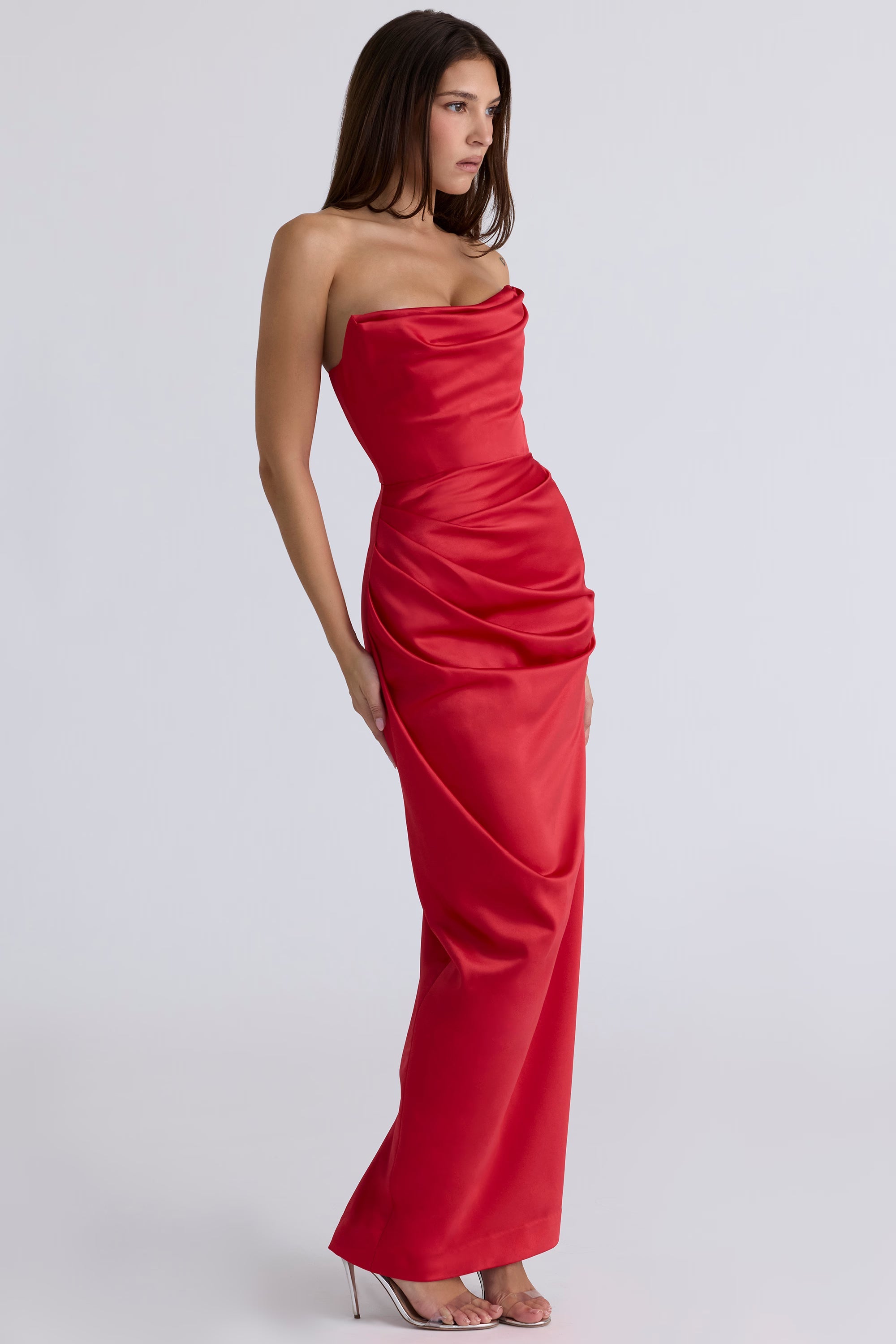 scarlet satin strapless gown