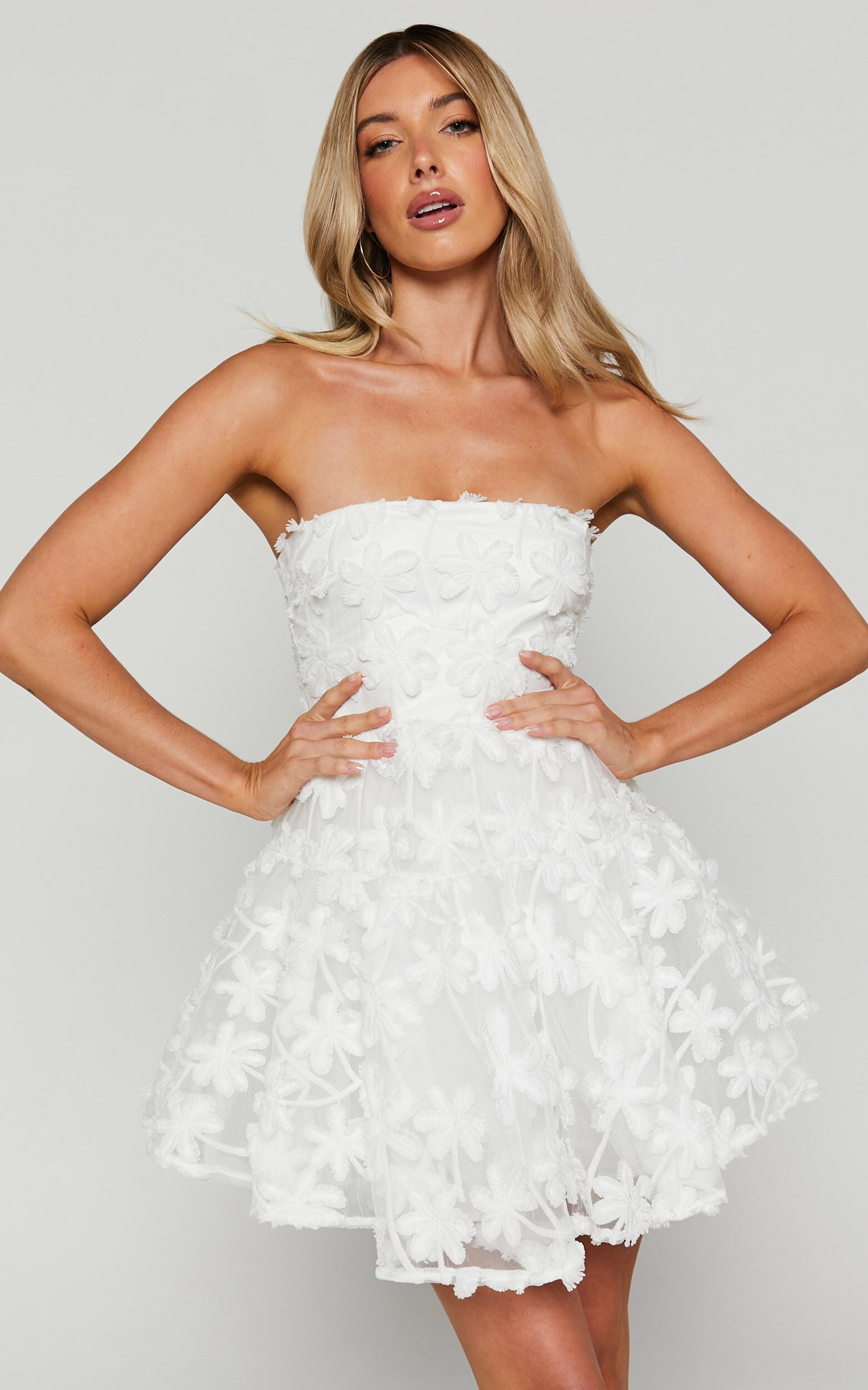 Rheiva Mini Dress - Strapless 3D Embroidery Dress in White