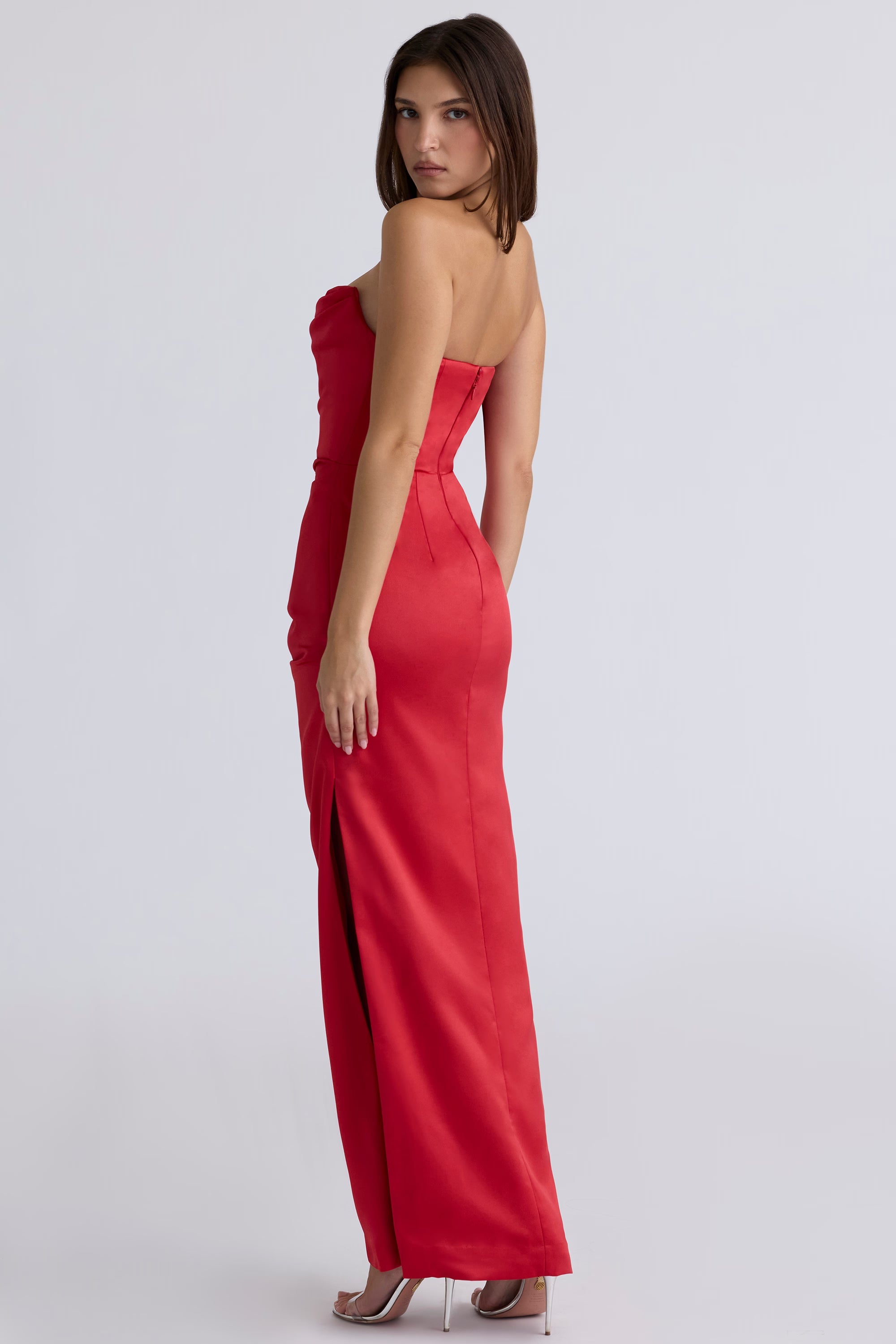 scarlet satin strapless gown